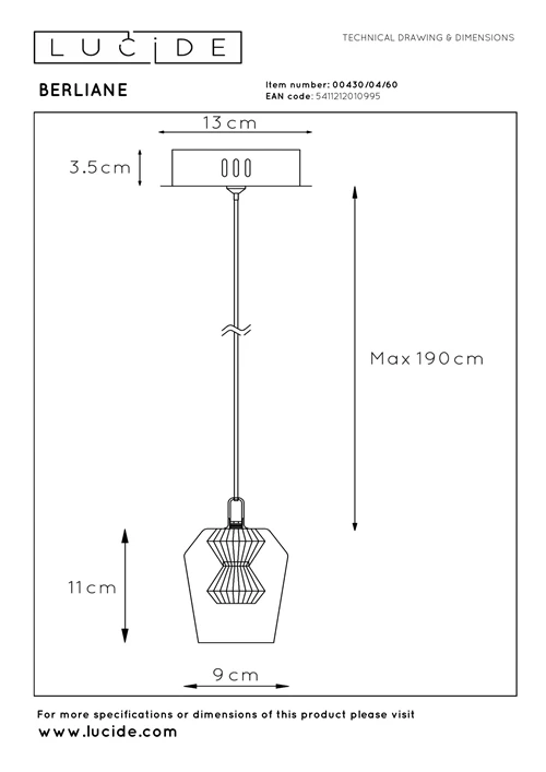 Lucide BERLIANE - Pendant light - Ø 12 cm - LED Dim. - 1x4W 2700K - With replaceable LED module - Transparant | Essential - technical